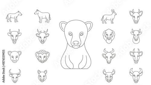 Set of animal line art icons: bear, cow, bull, horse, deer, elephant, pig