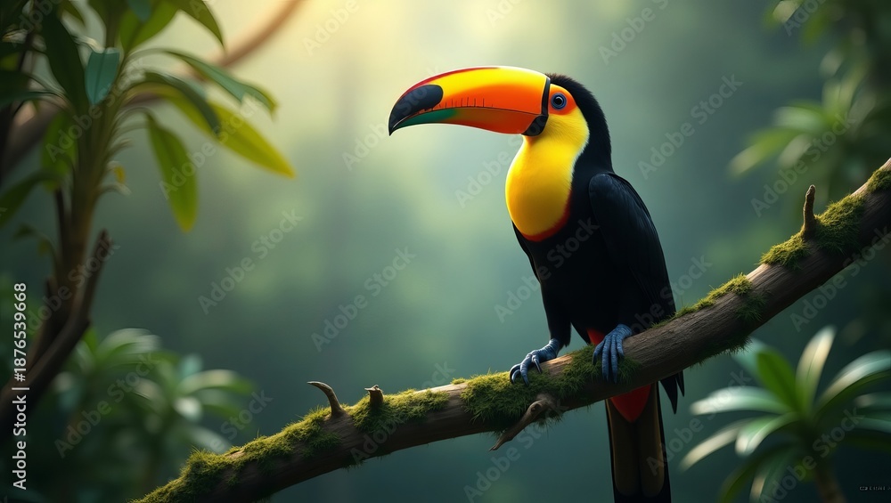 Obraz premium A vibrant Toucan perched on a mossy branch in a lush rainforest, surrounded by dense foliage and soft, diffused light.