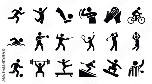 Collection of sports activity icons depicting various athletic exercises and recreational pursuits perfect for fitness applications, web design, or educational materials.