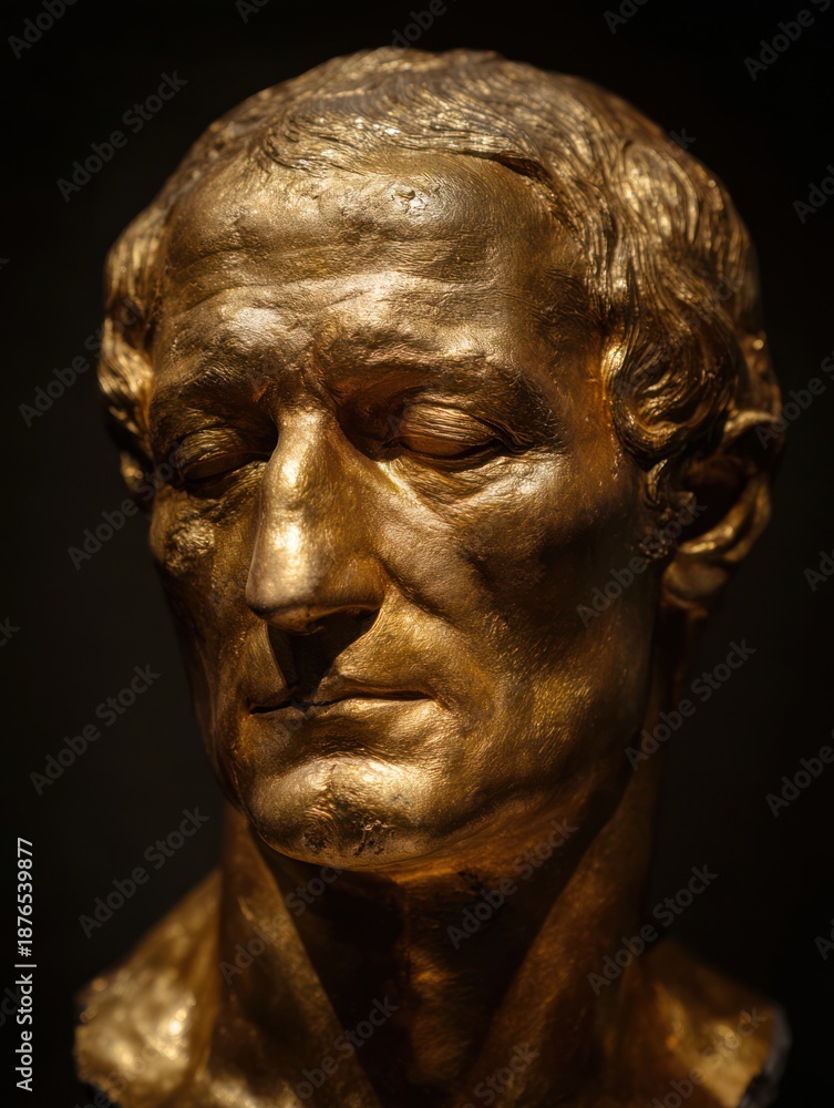 Obraz premium A gold-coated bust with subtle signs of aging, calm museum-like lighting, no text