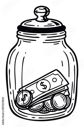Handdrawn black and white glass jar filled with dollar bills and coins symbolizing personal savings, financial planning, and money management for budget projects and educational materials.