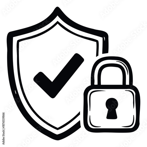 Secure digital protection icon featuring a shield with a checkmark and a padlock, perfect for symbolizing data safety and verified online services in business applications and user