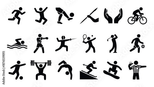 Comprehensive collection of simple sports activity icons and athletic pictograms representing various physical exercises and competitive games for fitness, health, and event related digital