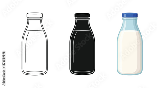 Set of three milk bottles outline drawing, silhouette and full color illustration with liquid