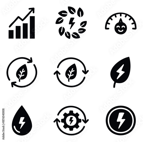 Renewable energy and sustainability icon set featuring growth charts, ecofriendly power symbols, efficient process gears, and happy performance indicators for environmental initiatives and