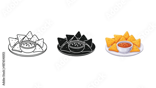 Set of nacho chips with salsa dip a plate in three styles outline, solid black and color illustration