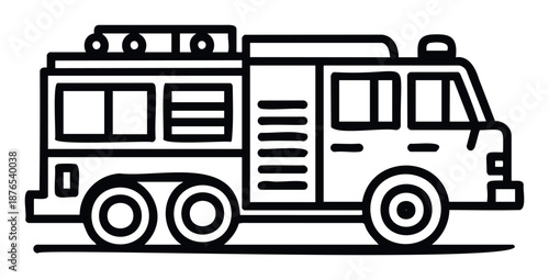 Outline style fire truck drawing perfect for educational applications, childrens books, public safety awareness campaigns, and community service vehicle graphics.