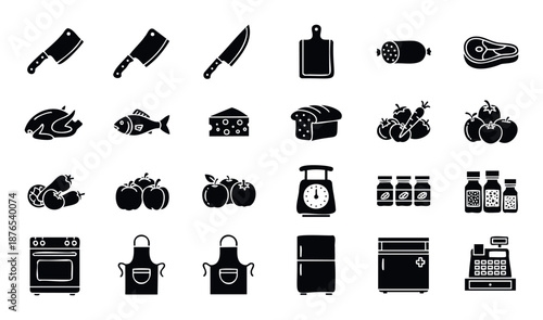 Comprehensive collection of kitchen tools fresh food products and essential grocery store equipment ideal for culinary website graphics or food industry branding