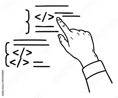 A persons hand pointing at abstract programming code, including curly braces and angular brackets, representing structured data language and software development, useful for technology and