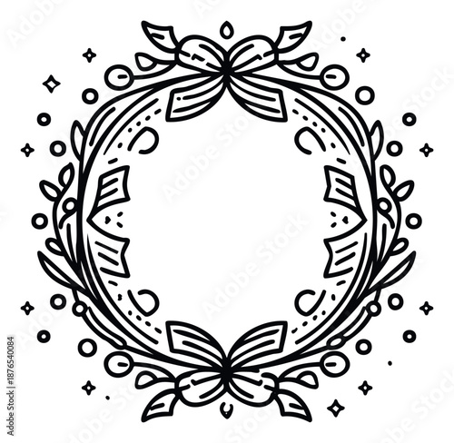 A charming monochrome line drawing of a festive holiday wreath frame adorned with bows, leaves, and berries, perfect for invitations, greeting cards, seasonal decorations, or social media