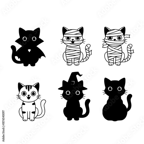 Cute Halloween cats in costumes vector illustration set for greeting cards
