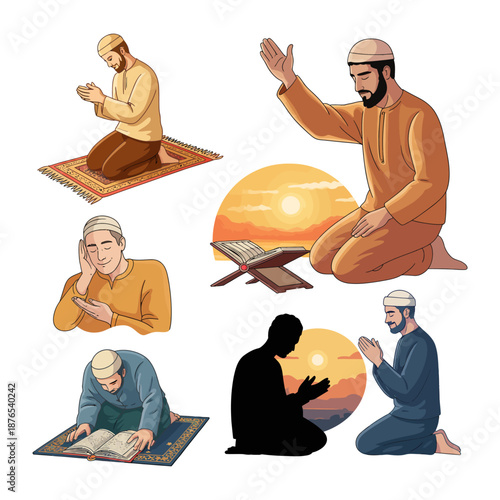 Muslim Prayers and Worship: A comprehensive view of Islamic religious practice, with men engaged in various forms of prayer and contemplation, set against a backdrop of serenity.