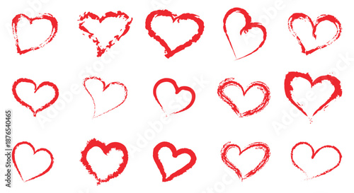 Red Heart Icon Set. Brush Stroke Love. A hand drawn vector collection of grunge outlines, ink textures and romantic shapes for Valentine's Day, wedding invitation, and greeting card.