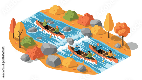 Colorful autumn river adventure with canoes and kayakers in isometric design