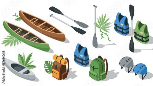 Isometric canoeing and kayaking gear with outdoor accessories