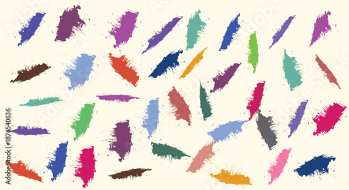 Colorful Paint Brush Strokes. Ink Splatters. A vector set of multicolored grunge smears, artistic spots and rough shapes for creative background, logo design, and art project.