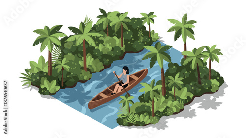 Isometric jungle adventure with a canoe through lush tropical river