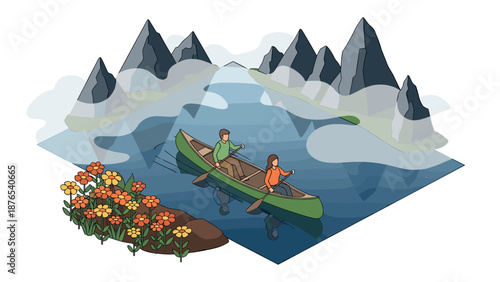 Isometric canoe adventure on mountain lake with flowers