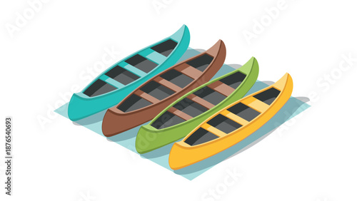 Colorful isometric canoes aligned on calm water surface