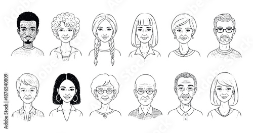 Handdrawn diverse multiethnic male and female portraits representing different generations and backgrounds ideal for corporate community and identity representation projects