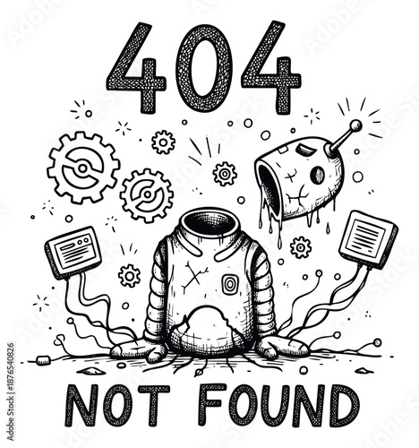 Hand drawn 404 Not Found error message with a broken astronaut suit and robot head, depicting a lost connection or system failure for various digital content.