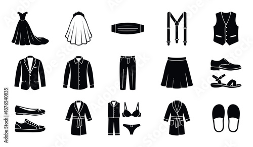 A comprehensive collection of diverse clothing and footwear icons perfect for ecommerce, shopping guides, fashion blogs, and clothing store illustrations