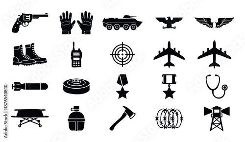 Collection of military and warrelated equipment, symbols, and security objects in a silhouette icon style, suitable for graphic design, applications, and informational displays.