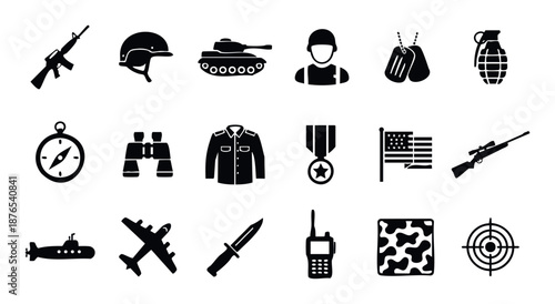 Comprehensive collection of military and army equipment symbols including weapons vehicles uniforms and gear suitable for defense related graphics user interfaces and educational resources