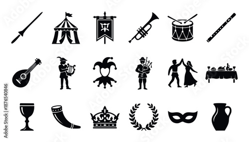 Comprehensive collection of medieval entertainment and historical festival flat icons for engaging event promotion, cultural celebration, and historical theme designs