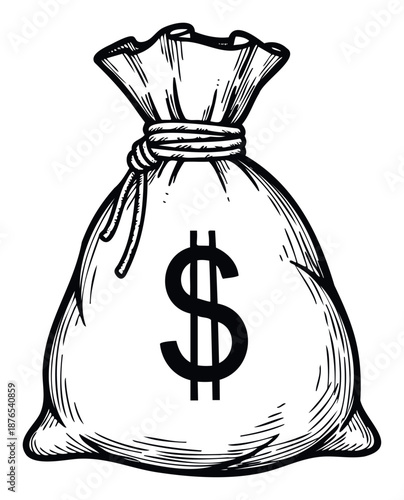 Hand drawn money bag with dollar sign graphic representing finance profit savings and investment for business resources and economic themes