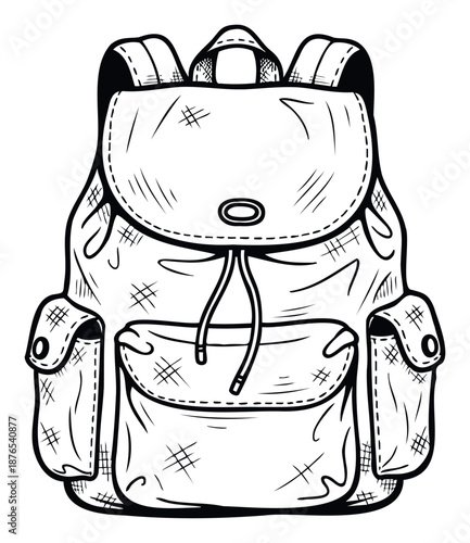 Black and white handdrawn backpack outline provides a classic travel and hiking accessory graphic for educational content, vintage designs, or gearrelated advertisements.