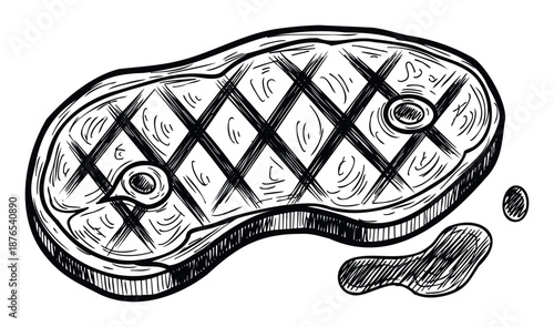 Savory grilled steak with distinct char marks and drippings, depicted in a monochrome handdrawn style, perfect for food blogs, restaurant menus, cooking guides, or butcher shop promotions.