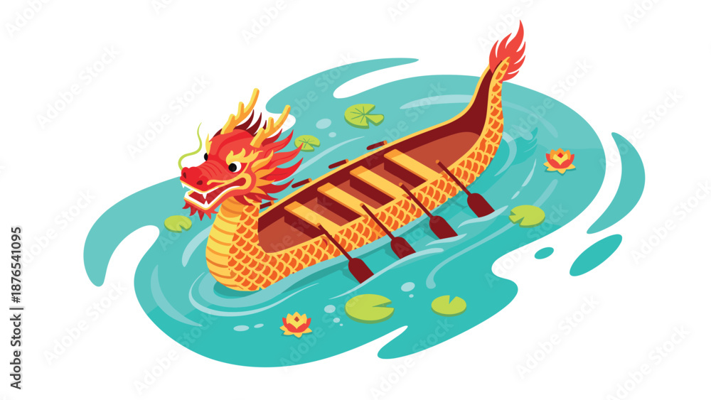 Obraz premium Colorful dragon boat on water with lotus flowers in flat design
