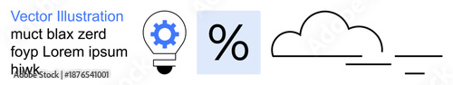 Innovation, technology, data , cloud computing, analytics, conceptual artwork. Gear lightbulb, percentage sign and outlined cloud with minimalist lines. Innovation and technology