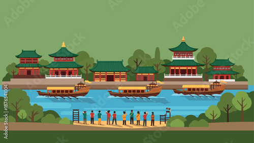 Colorful traditional asian temples and boats by the river in flat graphic style