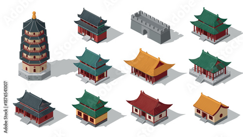 Isometric asian architecture set featuring pagoda and traditional rooftops