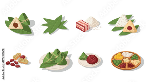Traditional asian rice dumplings and ingredients in modern flat design