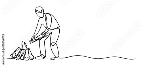 Minimalist one line drawing depicting a person bending to chop wood with an axe, illustrating preparation, hard work, or sustainable living themes for various projects