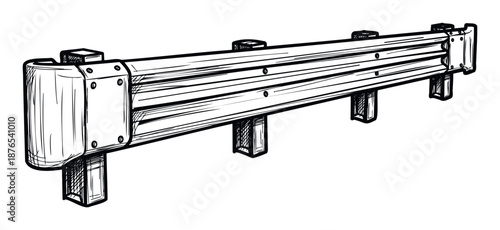 A black and white sketch style drawing of a sturdy metal highway guardrail providing roadside safety, suitable for transportation infrastructure and road construction related visual content.