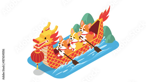 Corgis paddling dragon boat in isometric style for festival celebration