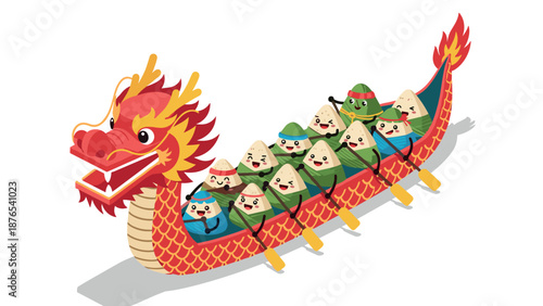 Dragon boat festival with cute rice dumplings on boat