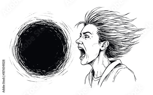 Expressive drawing of a terrified individual screaming into a powerful dark vortex with flowing hair captures intense emotional struggle for impactful storytelling and dramatic visual