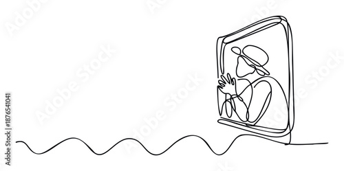 Minimalist continuous line drawing of a person in a hat looking out a window with a wavy line, symbolizing contemplation and new horizons, perfect for graphic design projects and inspiring