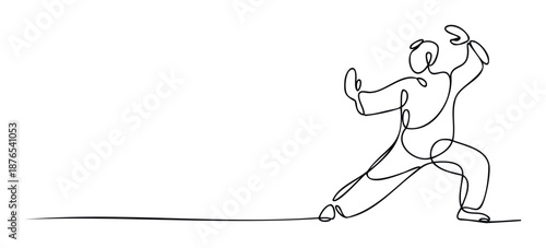 Dynamic one line drawing of a person practicing martial arts such as Tai Chi or Kung Fu, perfect for sports and wellness related presentations or promotional materials