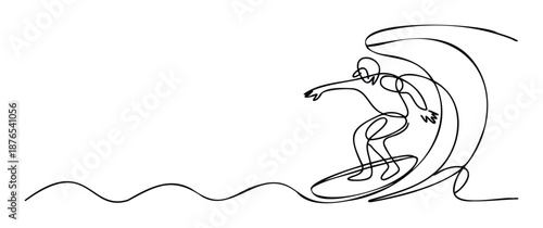 Dynamic continuous line drawing of a surfer riding a large ocean wave, perfect for sports event promotions, summer vacation advertisements, or active lifestyle branding materials