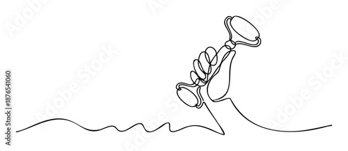 Modern continuous line drawing capturing a hand gently holding a jade facial roller, ideal for skincare advertisements, beauty blogs, and healthrelated content