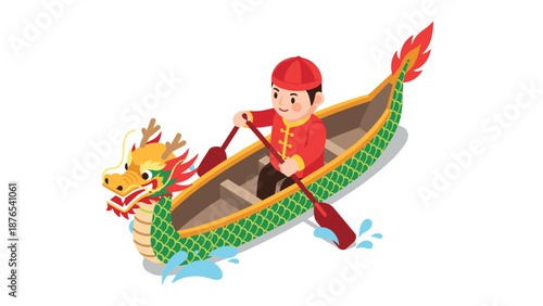Isometric dragon boat with rowing boy in traditional chinese attire, colorful and festive