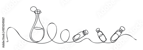 Continuous line drawing representing scientific research and medical development with a flask connecting to various pharmaceutical capsules for health and wellness applications