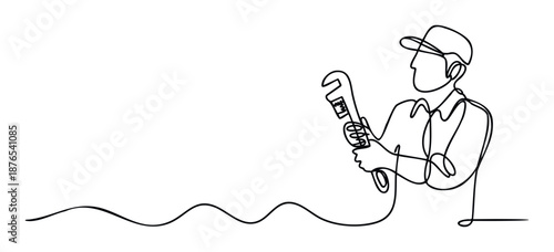 Minimalist one line drawing of a professional plumber holding a pipe wrench, ready for repair and maintenance service, perfect for business advertising and professional trade graphics.