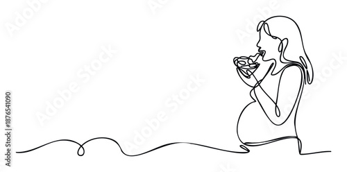 Continuous line drawing depicting a pregnant woman enjoying a burger, perfect for maternity healthcare promotions, pregnancy lifestyle blogs, or nutritional advice publications.